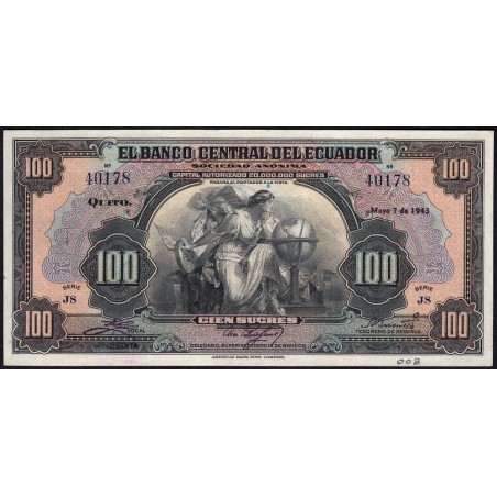 Equateur - Pick 95a - 100 sucres - Série JS - 07/05/1943 - Etat : SUP+