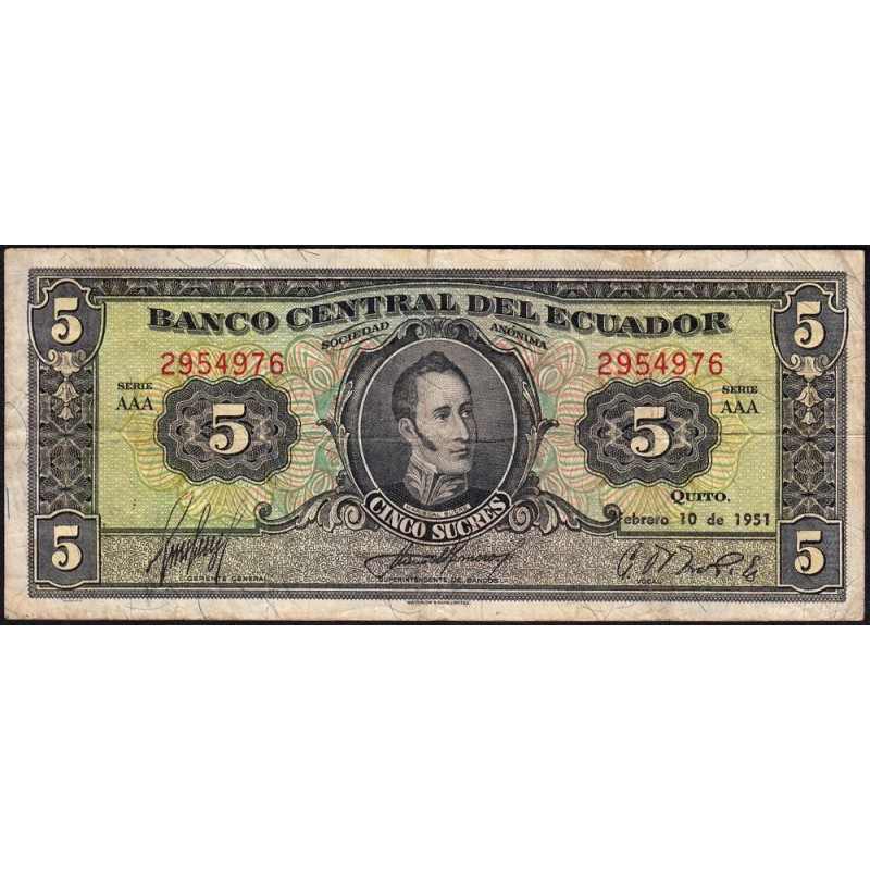 Equateur - Pick 98a_4 - 5 sucres - Série AAA - 10/02/1951 - Etat : TB-