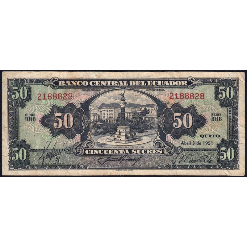 Equateur - Pick 99a_4 - 50 sucres - Série BBB - 03/04/1951 - Etat : TB