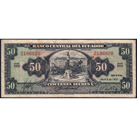 Equateur - Pick 99a_4 - 50 sucres - Série BBB - 03/04/1951 - Etat : TB