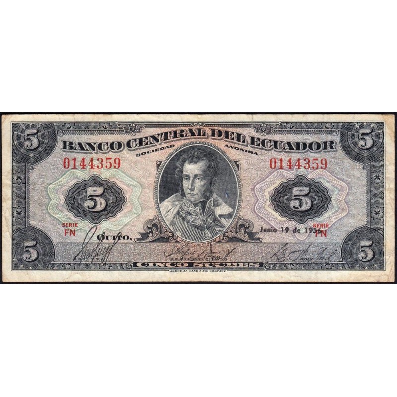 Equateur - Pick 100a_1 - 5 sucres - Série FN - 19/06/1956 - Etat : TB