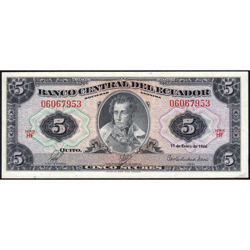 Equateur - Pick 100c_2 - 5 sucres - Série HF - 01/01/1966 - Etat : TTB+