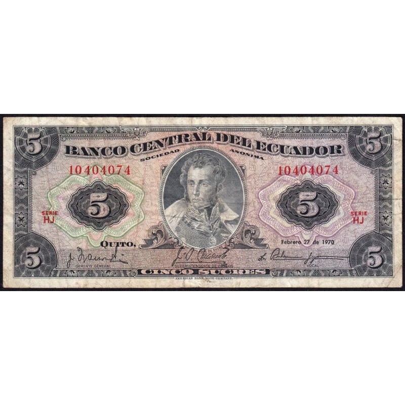 Equateur - Pick 100d_1b - 5 sucres - Série HJ - 27/02/1970 - Etat : TB-