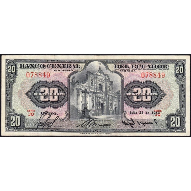 Equateur - Pick 102a_21 - 20 sucres - Série JQ - 28/07/1960 - Etat : TTB