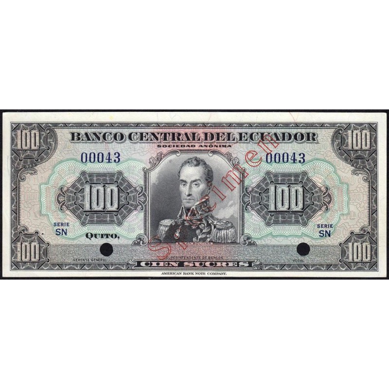 Equateur - Pick 105s - 100 sucres - Série SN - 1959 - Spécimen - Etat : SPL