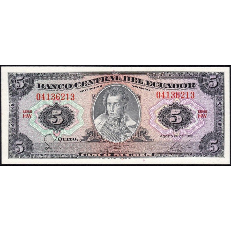 Equateur - Pick 108b_1c - 5 sucres - Série HW - 29/09/1982 - Etat : NEUF