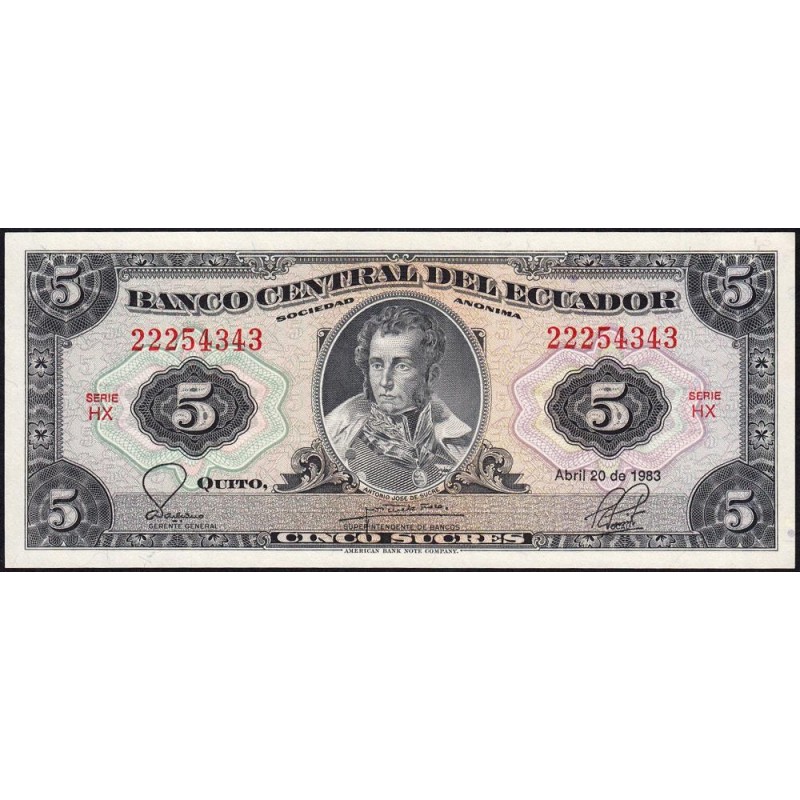Equateur - Pick 108b_2b - 5 sucres - Série HX - 20/04/1983 - Etat : pr.NEUF