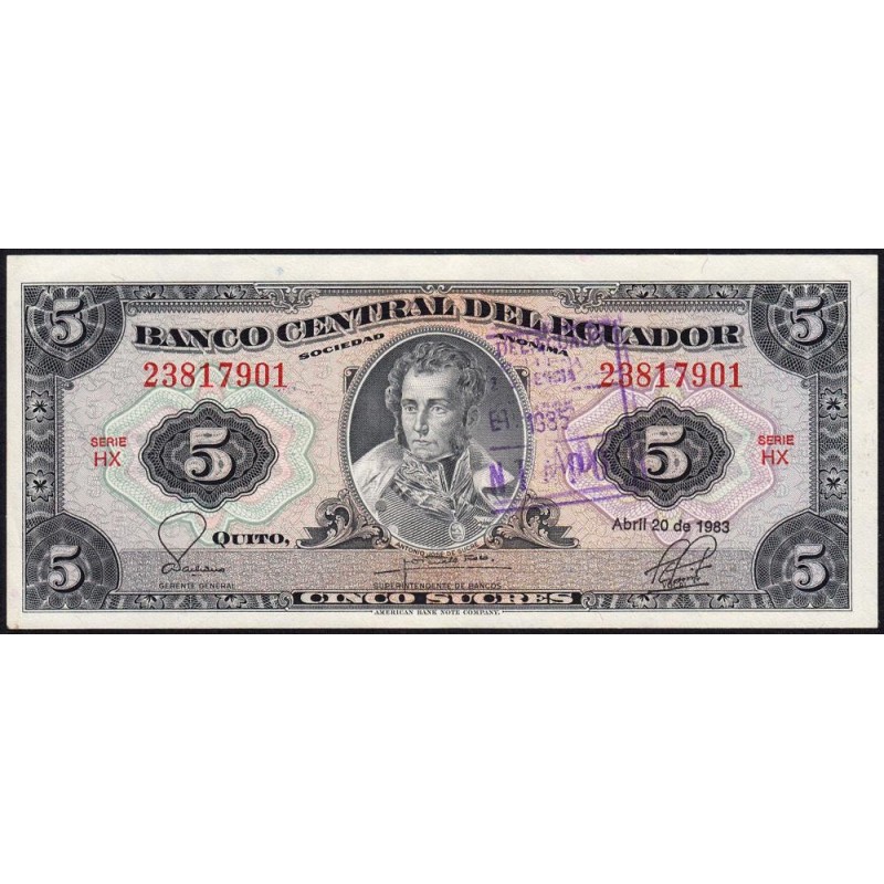 Equateur - Pick 108b_2b - 5 sucres - Série HX - 20/04/1983 - Variété - Etat : SUP