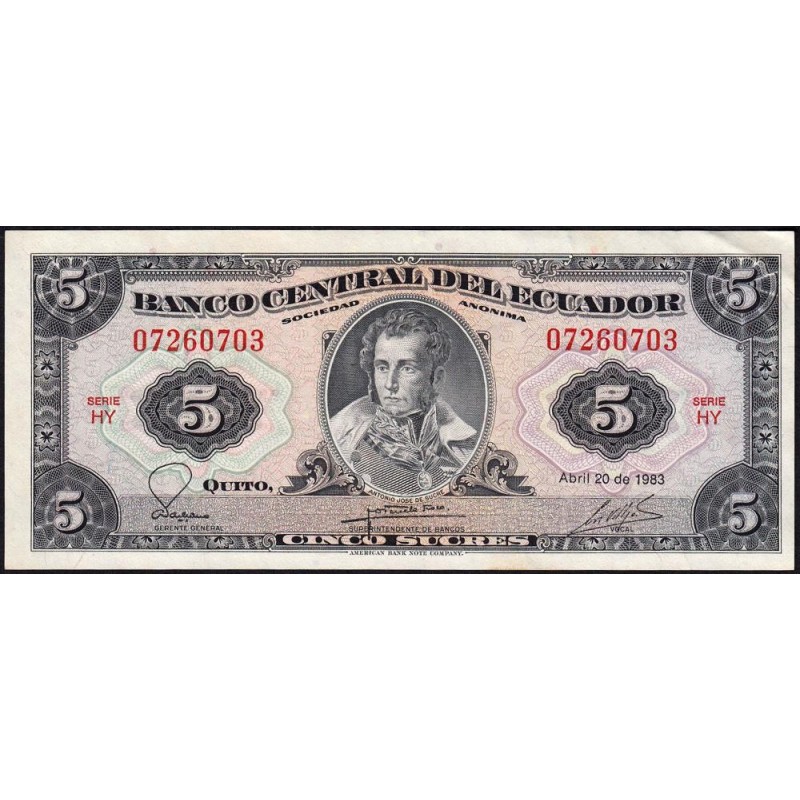 Equateur - Pick 108b_2c - 5 sucres - Série HY - 20/04/1983 - Etat : SUP