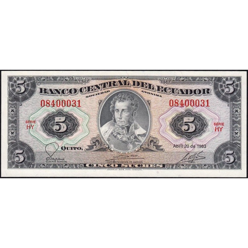 Equateur - Pick 108b_2c - 5 sucres - Série HY - 20/04/1983 - Etat : NEUF