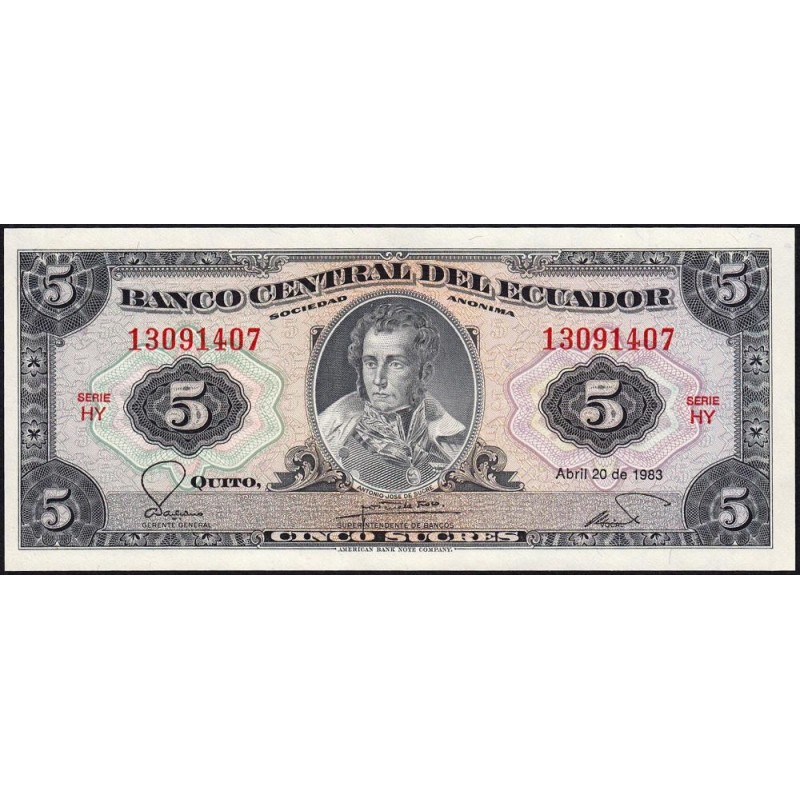 Equateur - Pick 108b_2d - 5 sucres - Série HY - 20/04/1983 - Etat : NEUF