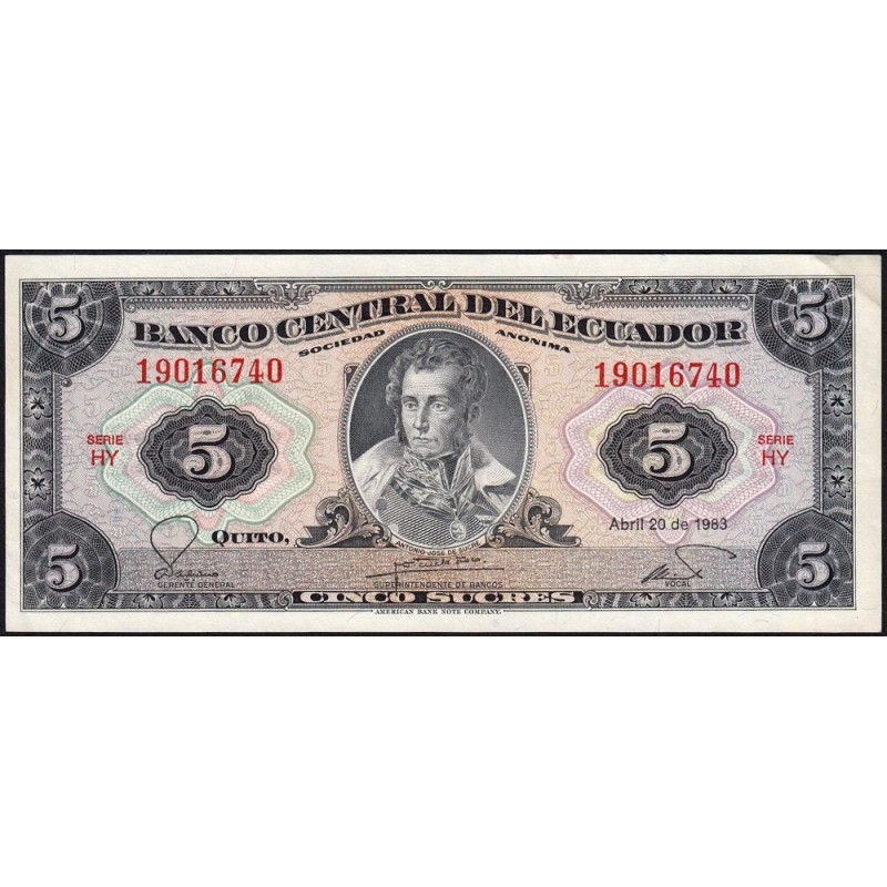Equateur - Pick 108b_2d - 5 sucres - Série HY - 20/04/1983 - Etat : SUP