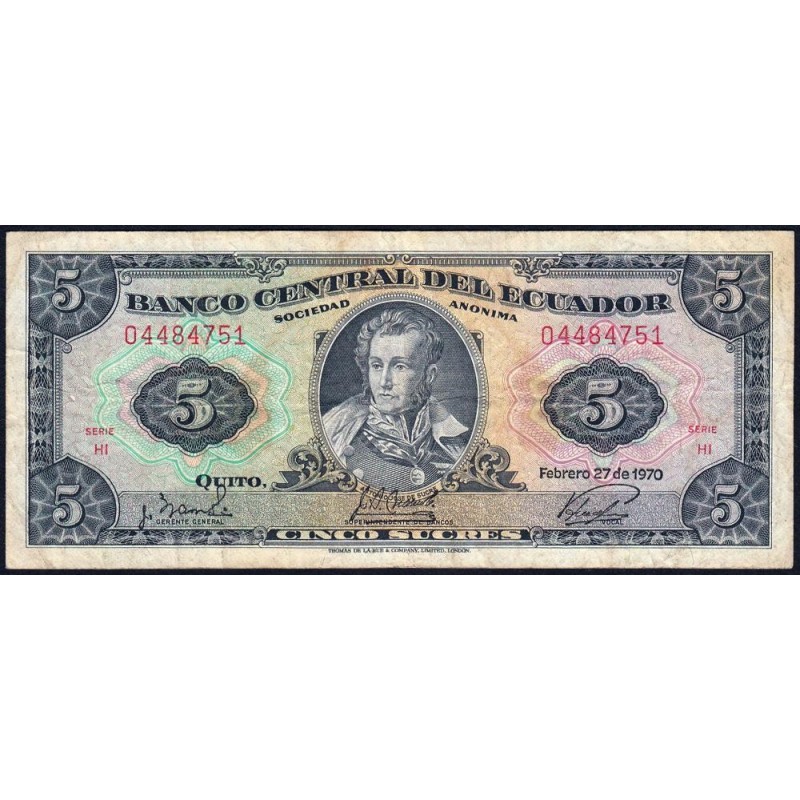 Equateur - Pick 113b_10a - 5 sucres - Série HI - 27/02/1970 - Etat : TB