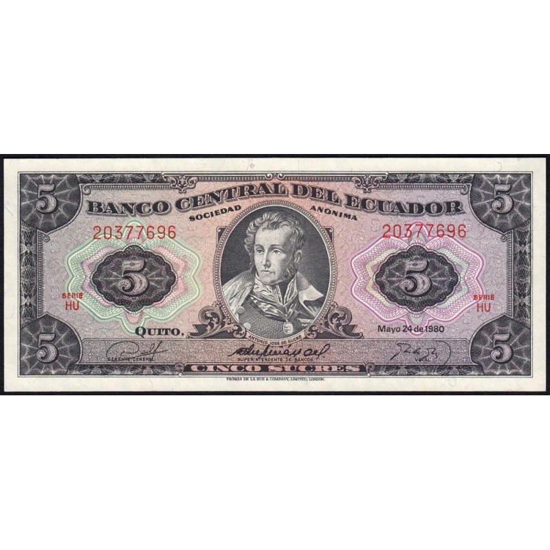 Equateur - Pick 113c_2g - 5 sucres - Série HU - 24/05/1980 - Etat : pr.NEUF