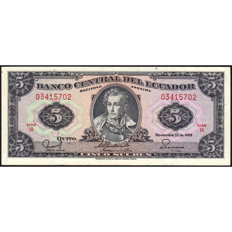 Equateur - Pick 113d_1a - 5 sucres - Série IA - 22/11/1988 - Etat : TTB+