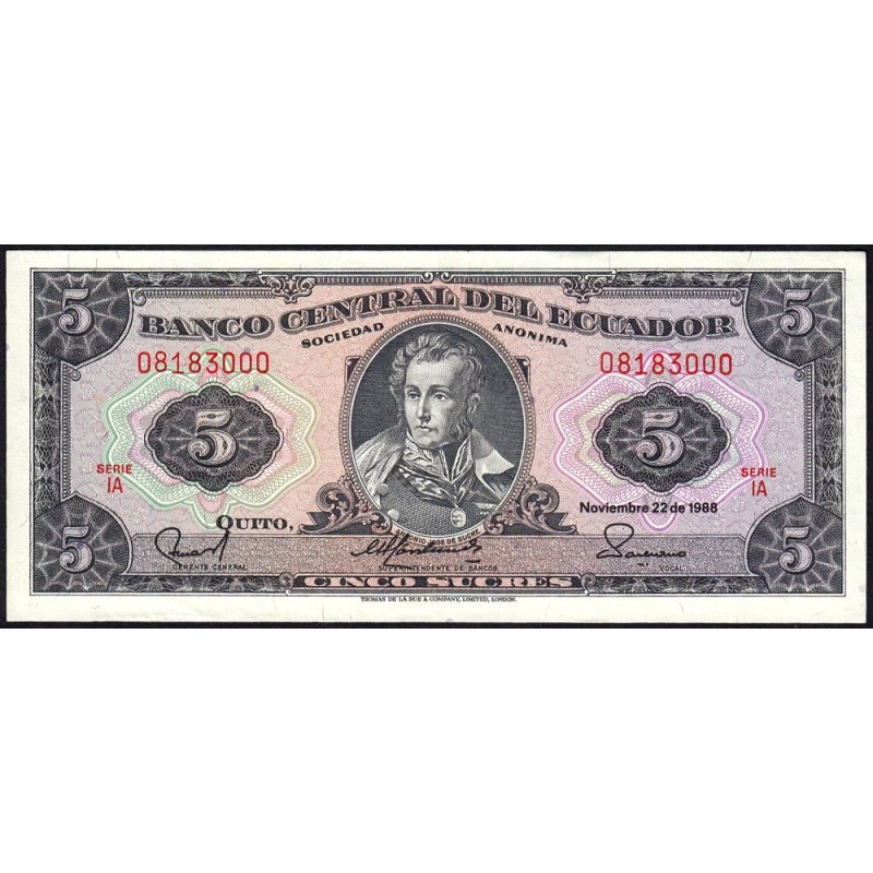 Equateur - Pick 113d_1a - 5 sucres - Série IA - 22/11/1988 - Etat : TTB+