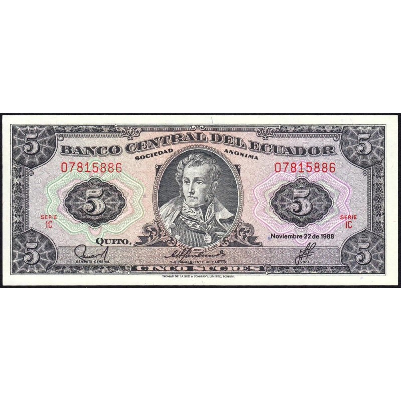 Equateur - Pick 113d_1c - 5 sucres - Série IC - 22/11/1988 - Etat : NEUF