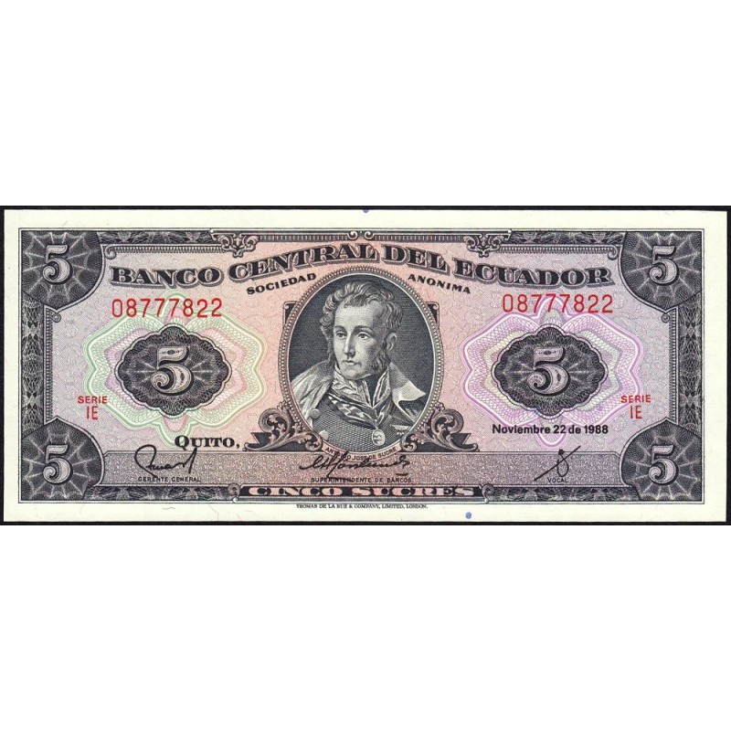 Equateur - Pick 113d_1e - 5 sucres - Série IE - 22/11/1988 - Etat : NEUF