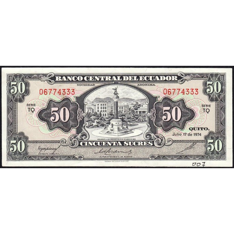 Equateur - Pick 116d_3c - 50 sucres - Série TQ - 17/07/1974 - Etat : TTB