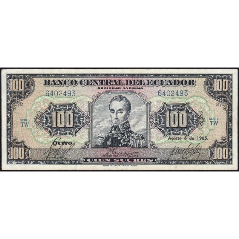 Equateur - Pick 117a_10 - 100 sucres - Série TW - 06/08/1965 - Etat : TTB