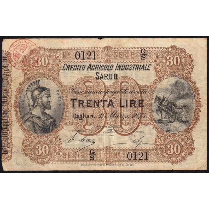 Credito Agricolo Industriale Sardo - Pick S 925 - 30 lire - Série G/S - 01/03/1874 - Etat : TB
