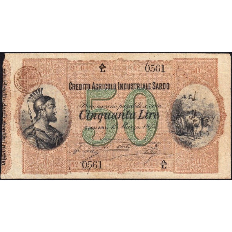 Credito Agricolo Industriale Sardo - Pick S 927 - 50 lire - Série A/L - 01/03/1874 - Etat : TB+
