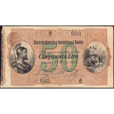 Credito Agricolo Industriale Sardo - Pick S 927 - 50 lire - Série A/L - 01/03/1874 - Etat : TB+