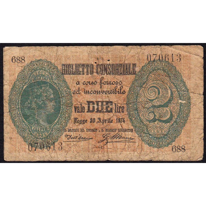 Italie - Pick 3_3 - 2 lire - Série 688 - 30/04/1875 - Etat : B+