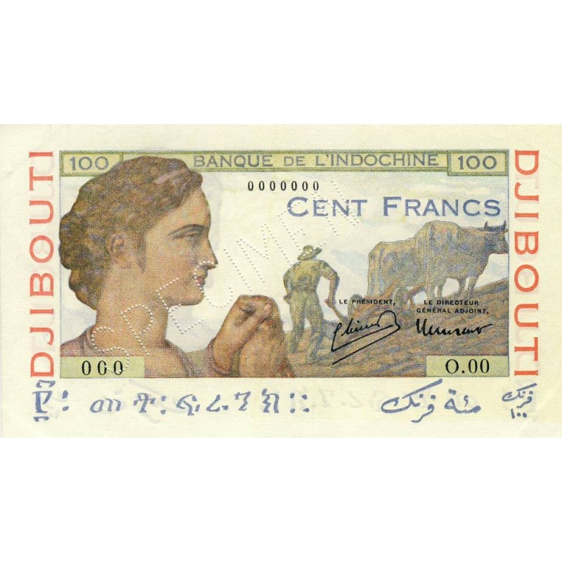 Djibouti - Pick 19As - 100 francs - Série O.00 - 1946 - Spécimen - Etat : SPL