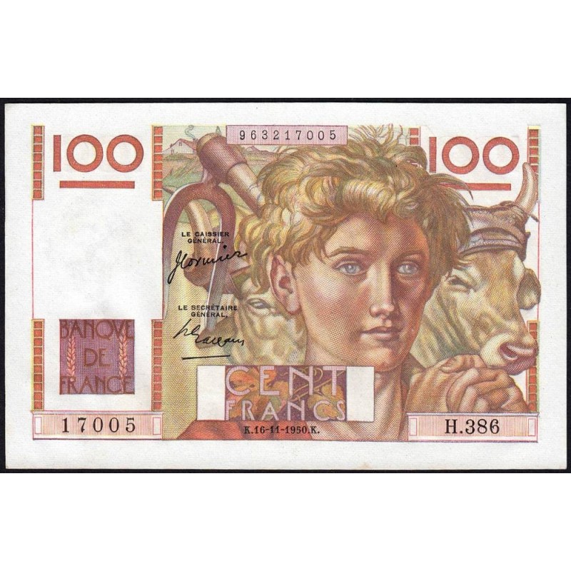 F 28-28 - 16/11/1950 - 100 francs - Jeune Paysan - Série H.386 - Etat : SPL+