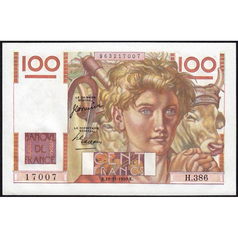 F 28-28 - 16/11/1950 - 100 francs - Jeune Paysan - Série H.386 - Etat : SPL