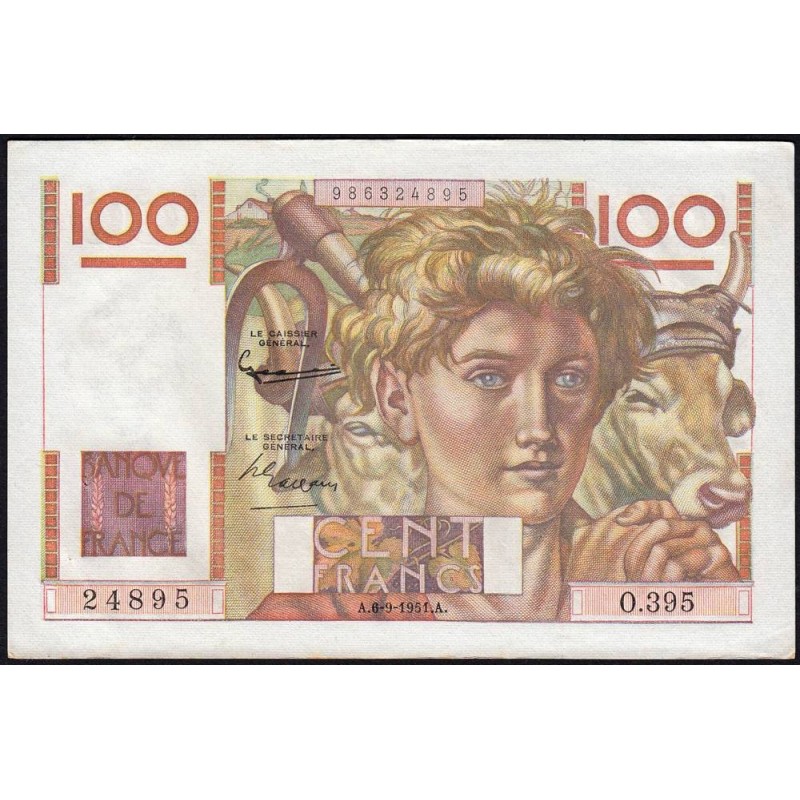 F 28-29 - 06/09/1951 - 100 francs - Jeune Paysan - Série O.395 - Etat : SUP