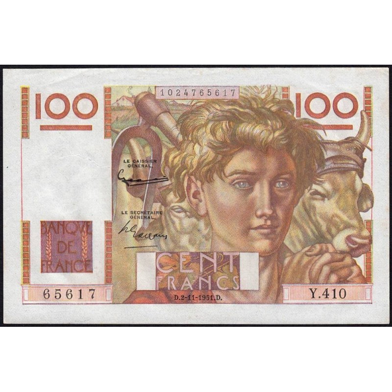 F 28-30 - 02/11/1951 - 100 francs - Jeune Paysan - Série Y.410 - Etat : SUP