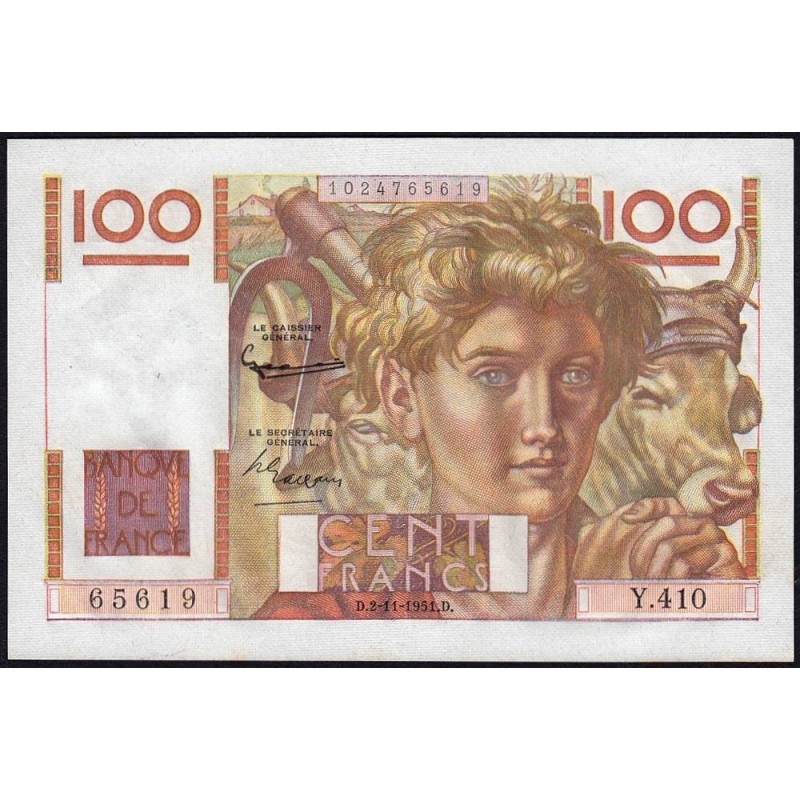 F 28-30 - 02/11/1951 - 100 francs - Jeune Paysan - Série Y.410 - Etat : SPL+