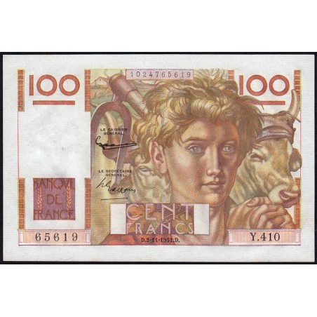 F 28-30 - 02/11/1951 - 100 francs - Jeune Paysan - Série Y.410 - Etat : SPL+