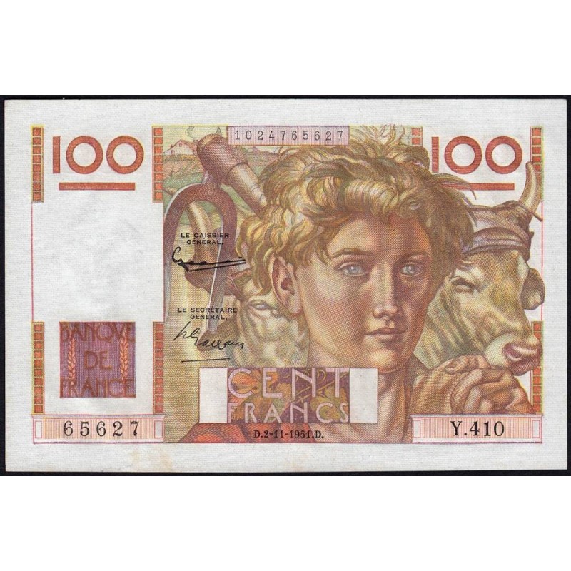 F 28-30 - 02/11/1951 - 100 francs - Jeune Paysan - Série Y.410 - Etat : SUP+