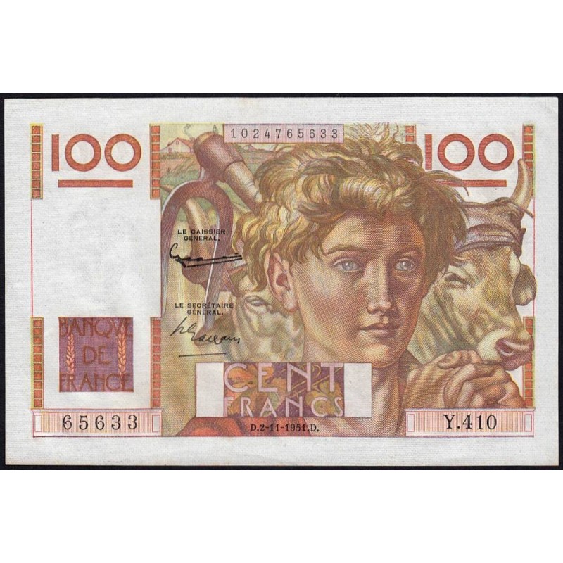 F 28-30 - 02/11/1951 - 100 francs - Jeune Paysan - Série Y.410 - Etat : SPL