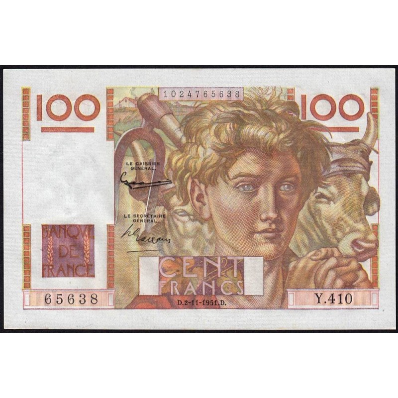 F 28-30 - 02/11/1951 - 100 francs - Jeune Paysan - Série Y.410 - Etat : SPL+