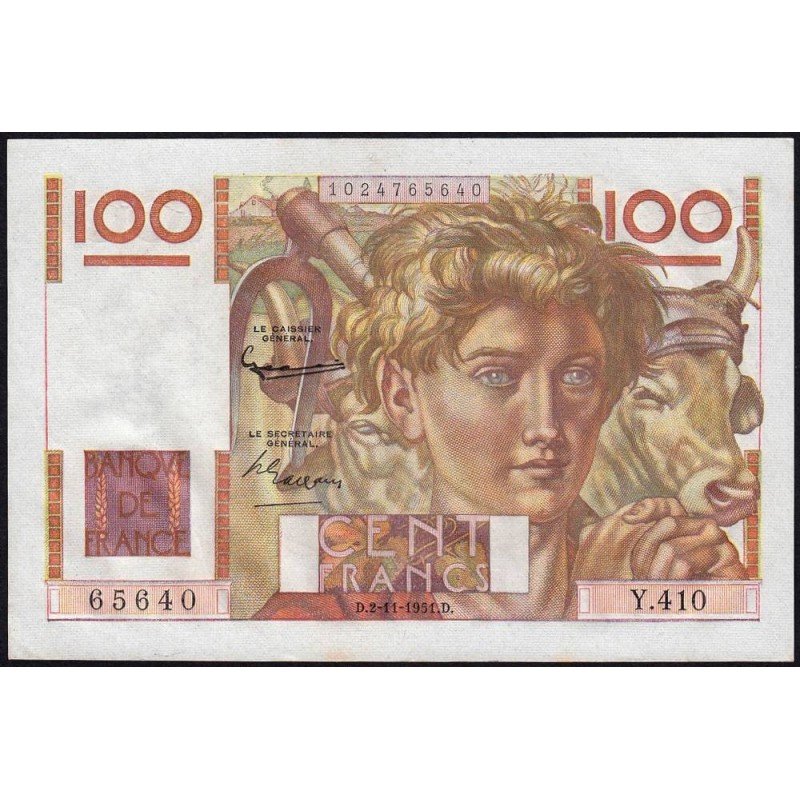 F 28-30 - 02/11/1951 - 100 francs - Jeune Paysan - Série Y.410 - Etat : SPL