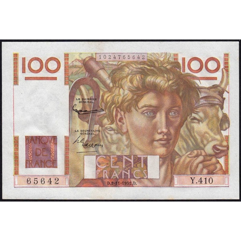 F 28-30 - 02/11/1951 - 100 francs - Jeune Paysan - Série Y.410 - Etat : SPL