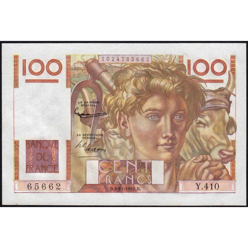 F 28-30 - 02/11/1951 - 100 francs - Jeune Paysan - Série Y.410 - Etat : SPL+