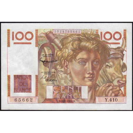 F 28-30 - 02/11/1951 - 100 francs - Jeune Paysan - Série Y.410 - Etat : SPL+