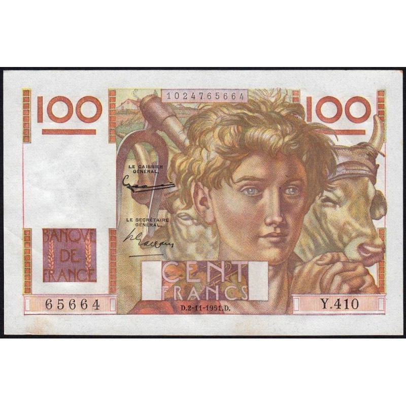 F 28-30 - 02/11/1951 - 100 francs - Jeune Paysan - Série Y.410 - Etat : SPL