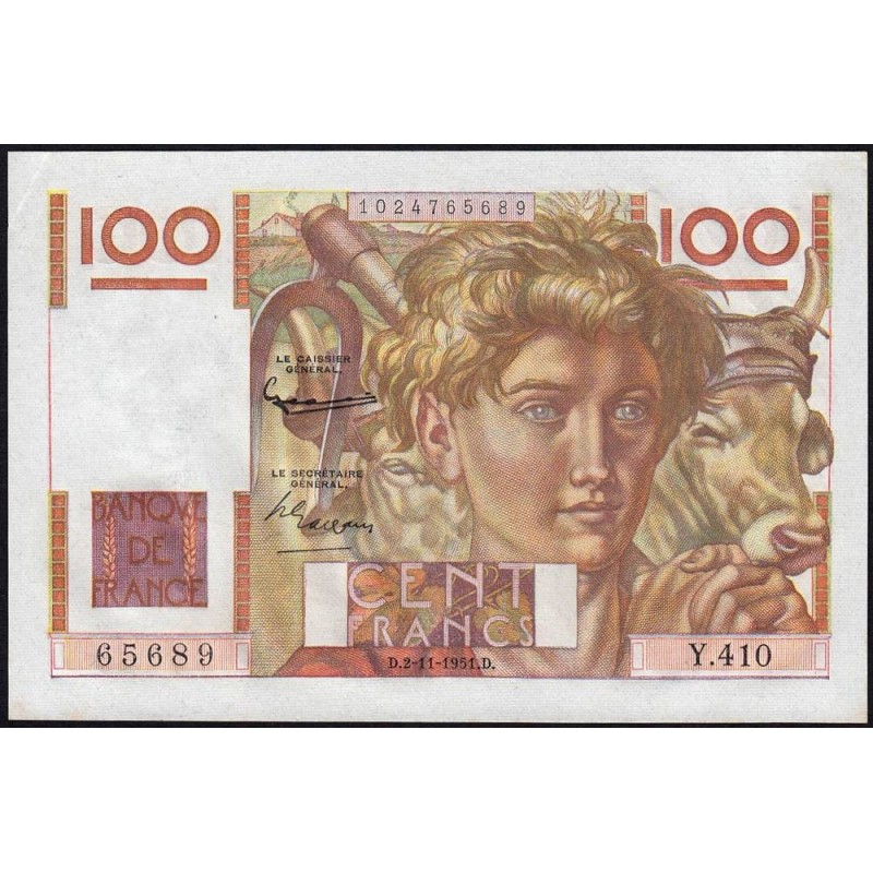 F 28-30 - 02/11/1951 - 100 francs - Jeune Paysan - Série Y.410 - Etat : SPL