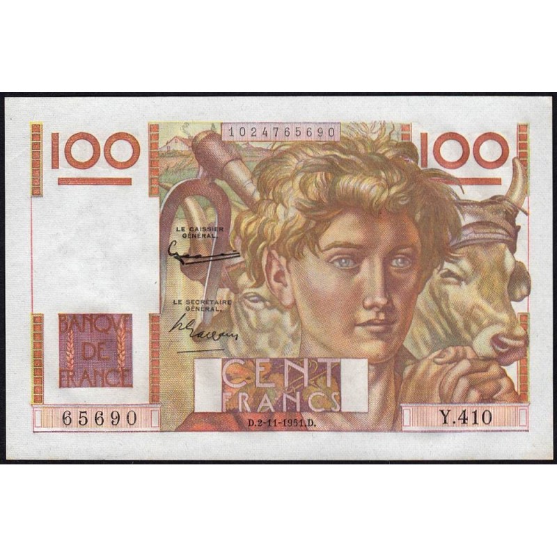 F 28-30 - 02/11/1951 - 100 francs - Jeune Paysan - Série Y.410 - Etat : SPL+