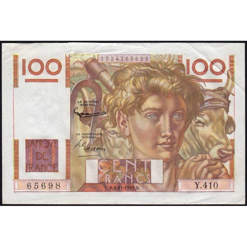 F 28-30 - 02/11/1951 - 100 francs - Jeune Paysan - Série Y.410 - Etat : TB-