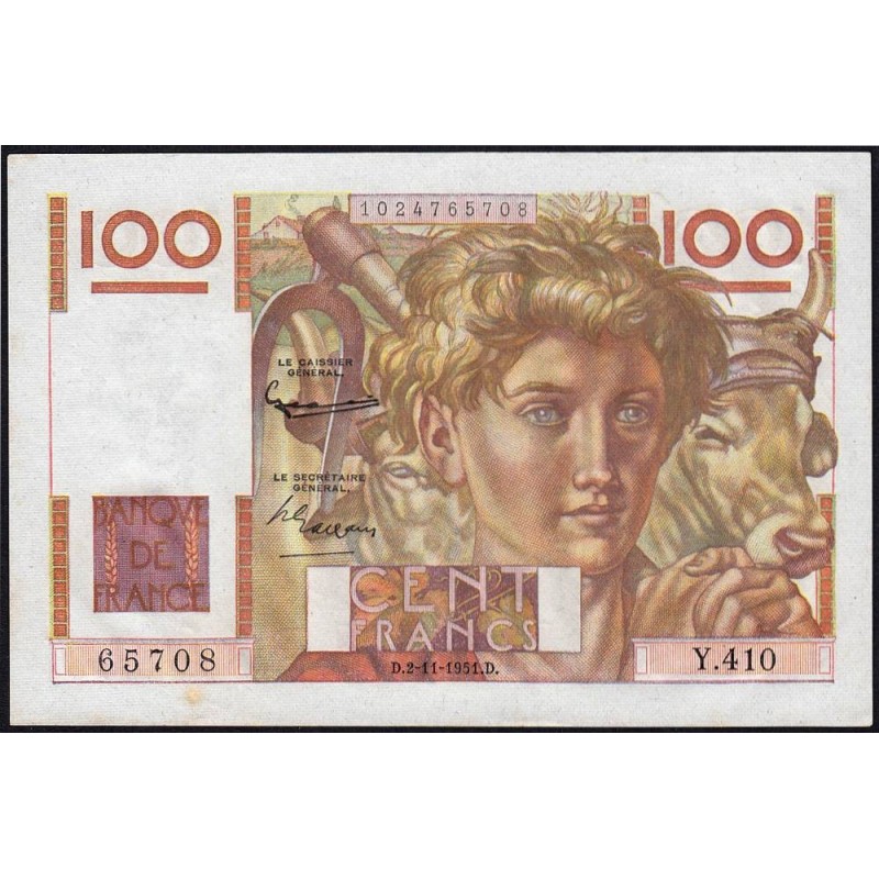 F 28-30 - 02/11/1951 - 100 francs - Jeune Paysan - Série Y.410 - Etat : SUP+