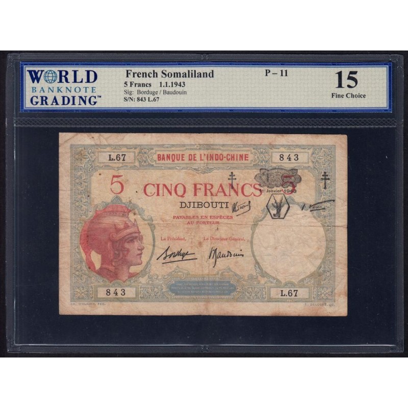 Djibouti - Pick 11 - 5 francs - Série L.67 - 01/01/1943 - Etat : TB-