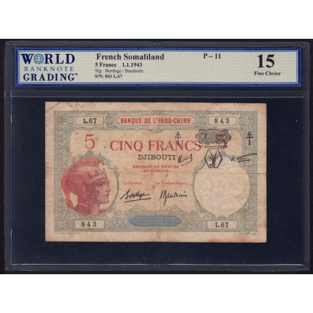 Djibouti - Pick 11 - 5 francs - Série L.67 - 01/01/1943 - Etat : TB-
