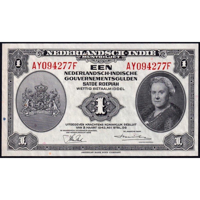 Indes Néerlandaises - Pick 111a_1 - 1 gulden - Série AY F - 02/03/1943 - Etat : SUP+